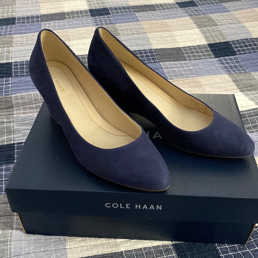 Blue suede wedges